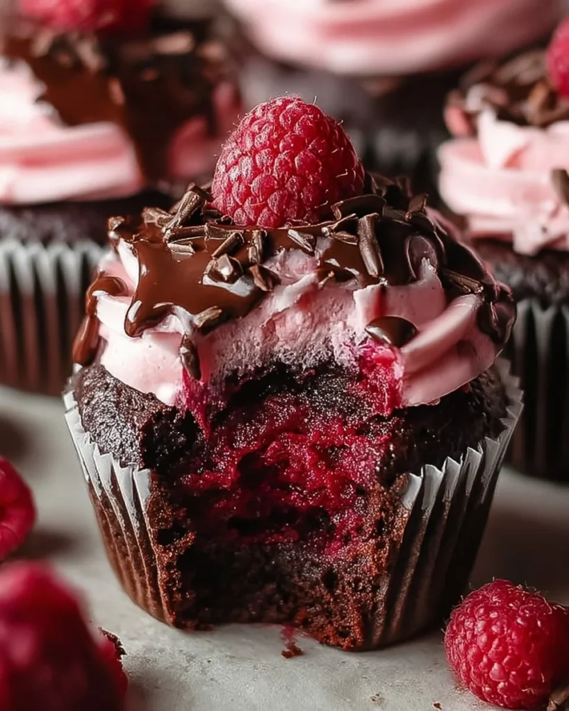 Raspberry Chocolate Lava Cupcakes with molten chocolate center and fresh raspberries