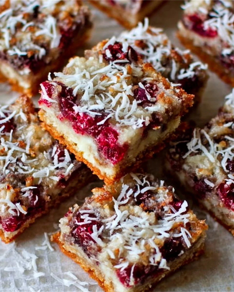 Delicious Raspberry Coconut Magic Bars on a wooden table.