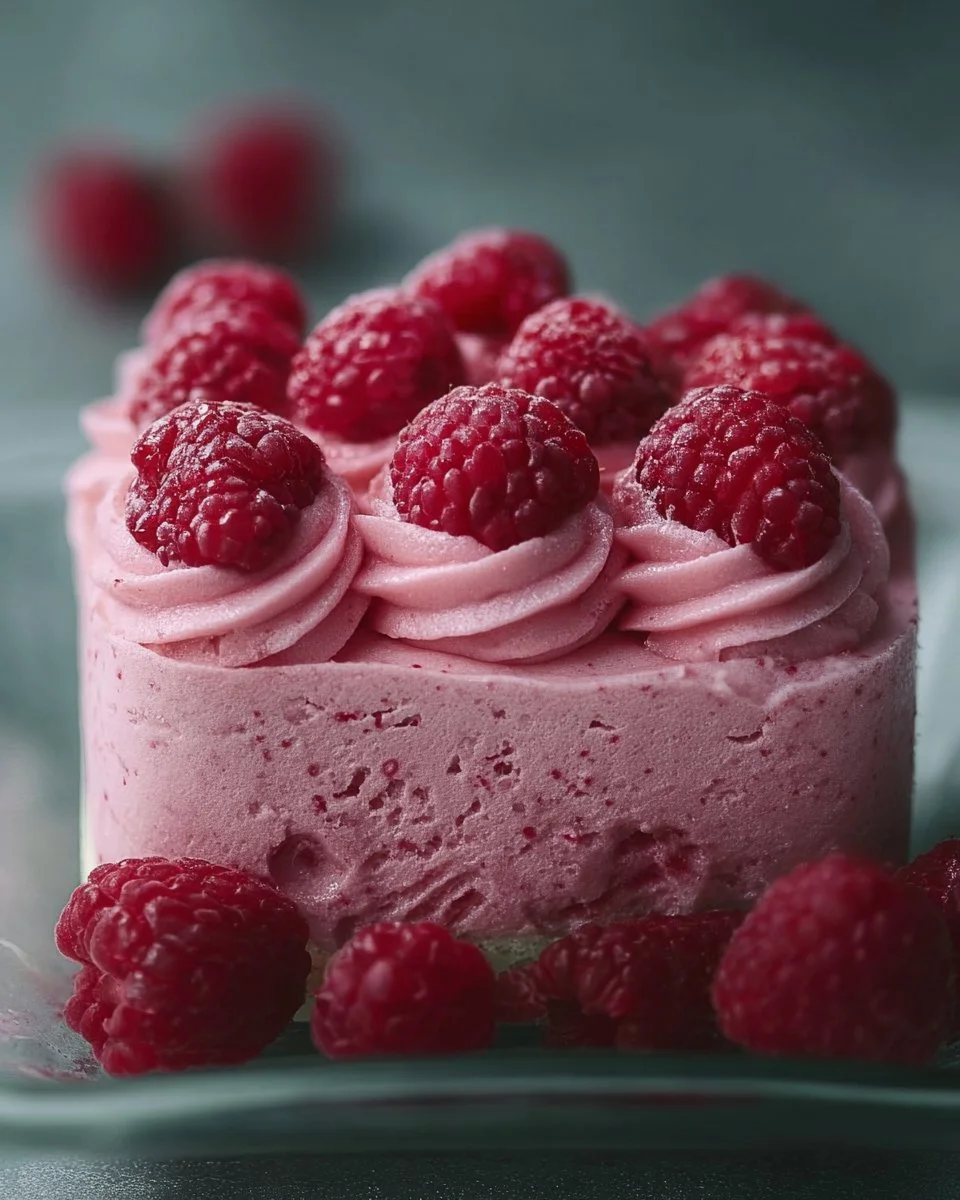 Delicious raspberry mousse topped with fresh raspberries and mint leaves.