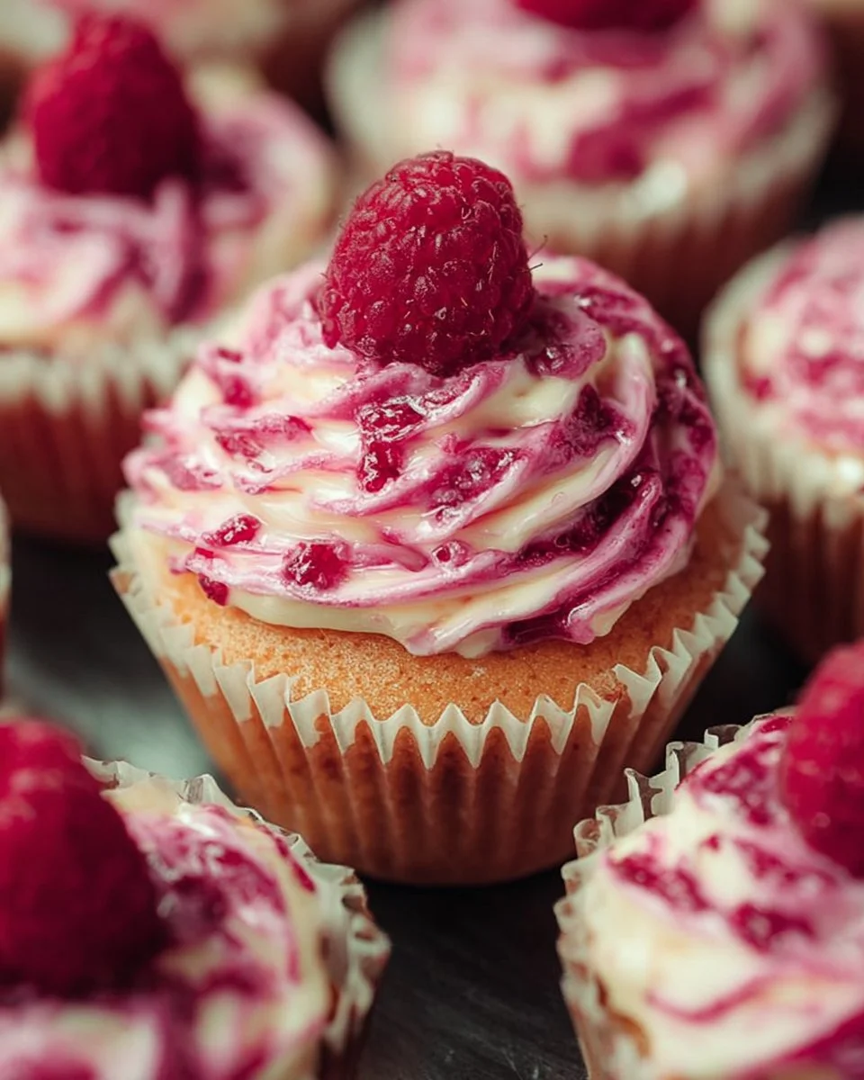 Delicious Raspberry Swirl Cupcakes with creamy frosting and fresh raspberries