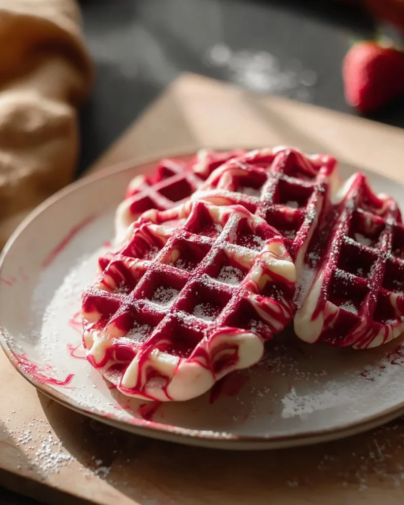 Red Velvet Marble Waffles topped with cream cheese and strawberries.