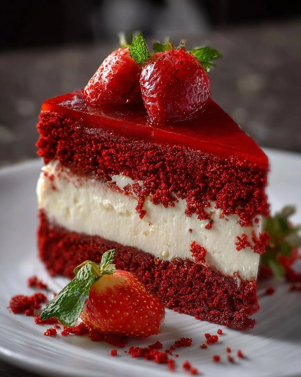 Red Velvet Strawberry Cheesecake topped with fresh strawberries.