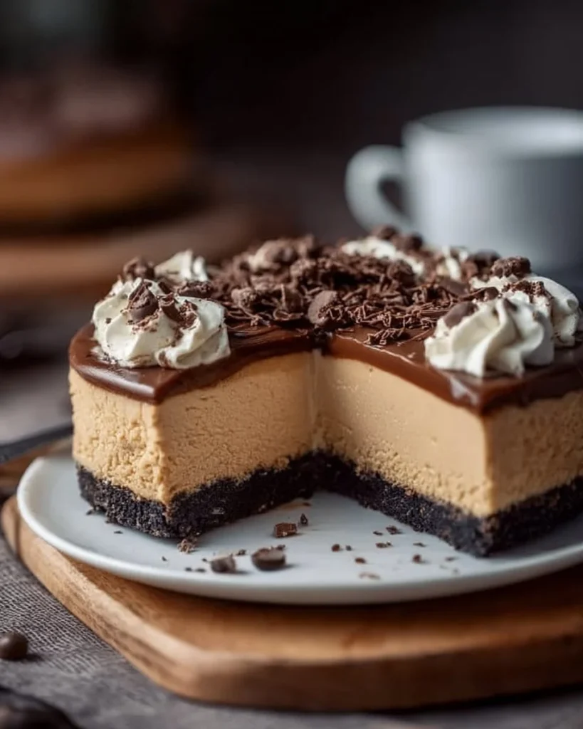 Delicious rich cappuccino fudge cheesecake topped with chocolate and coffee flavors.