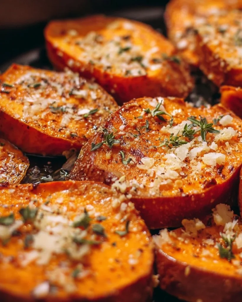 Plate of roasted sweet potatoes with garlic and parmesan ready to serve.