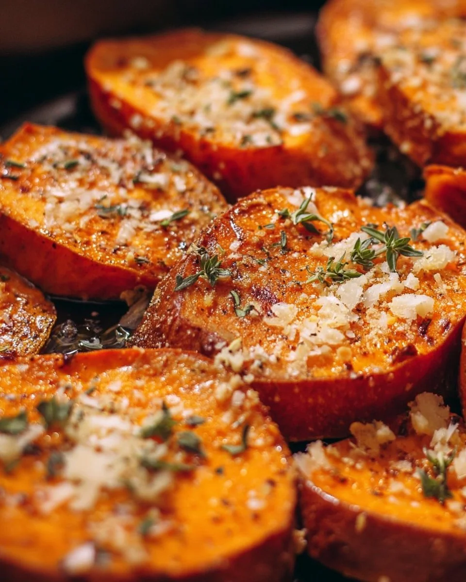 Plate of roasted sweet potatoes with garlic and parmesan ready to serve.