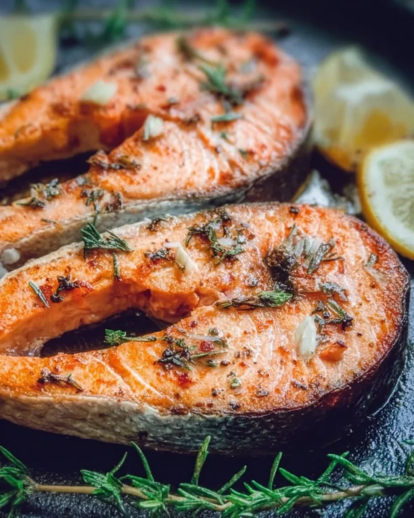 Grilled salmon steaks with herbs and lemon on a plate
