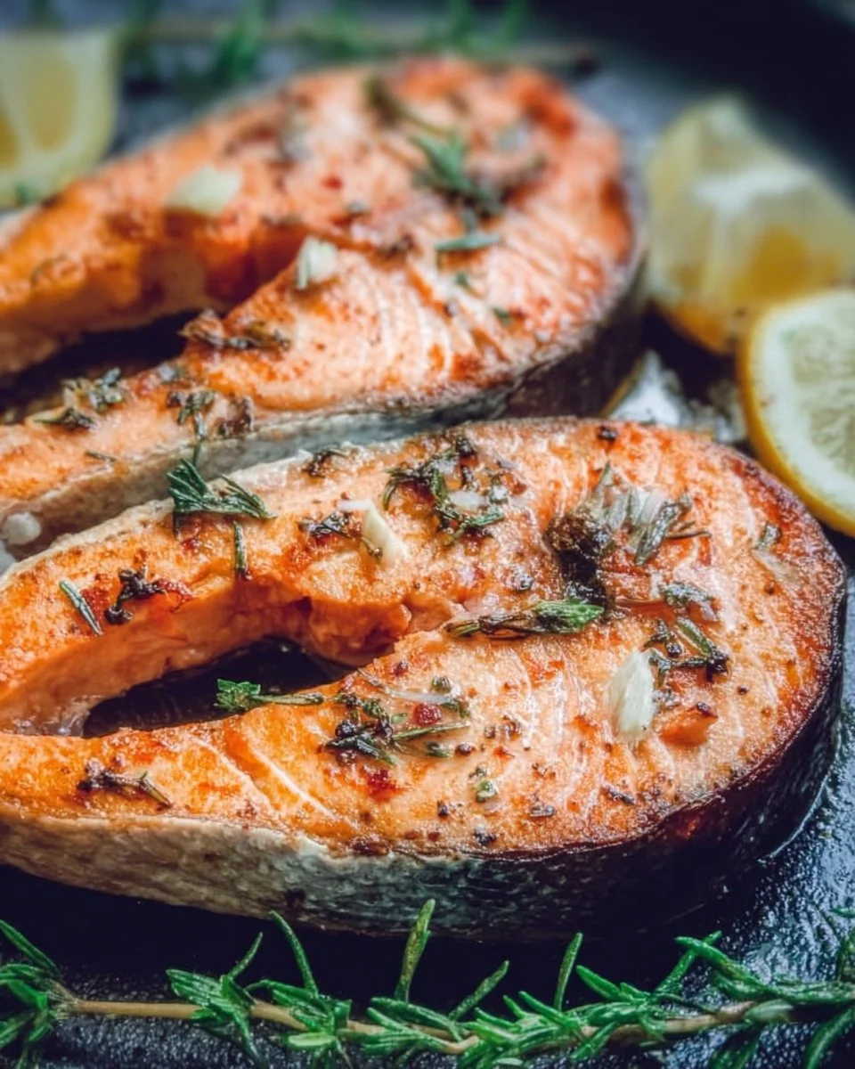 Grilled salmon steaks with herbs and lemon on a plate