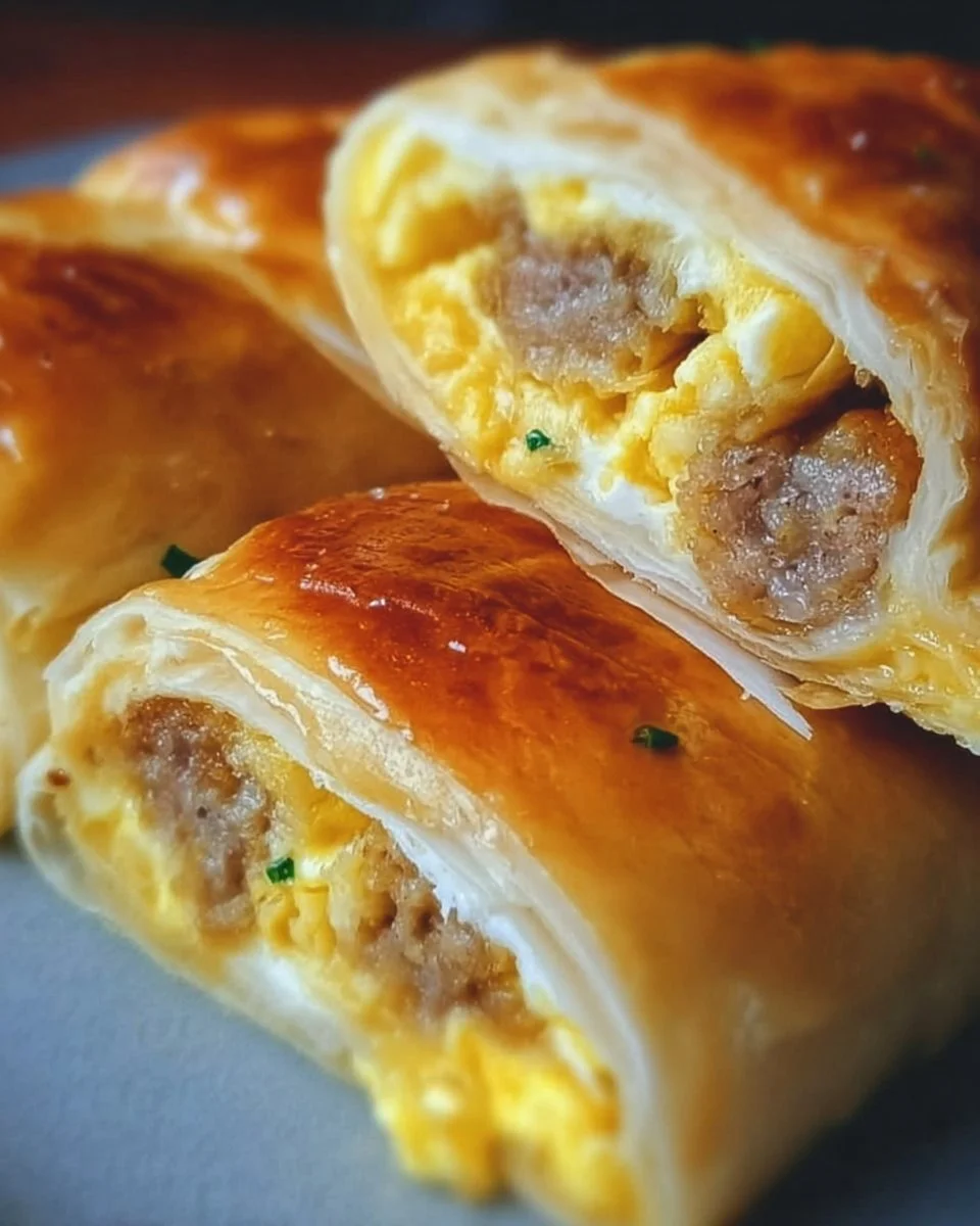 Sausage and egg breakfast rolls served on a plate with dipping sauce.