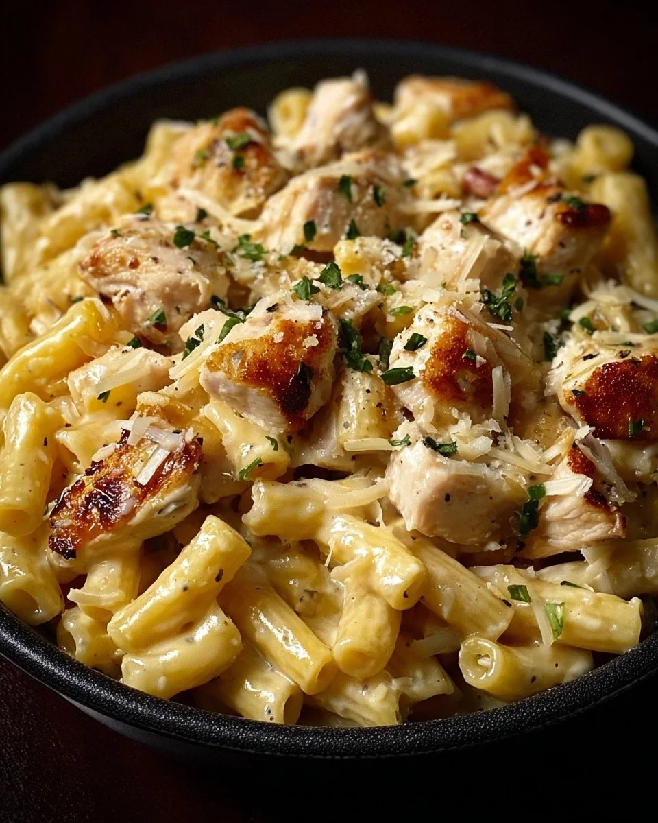 Savory chicken ranch pasta dish with fresh herbs and ingredients