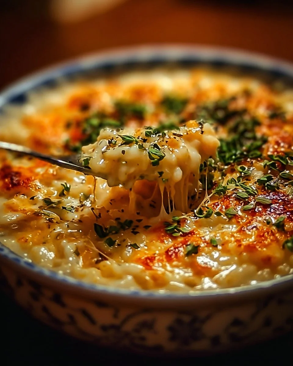 Bowl of savory soup rice topped with fresh herbs and vegetables