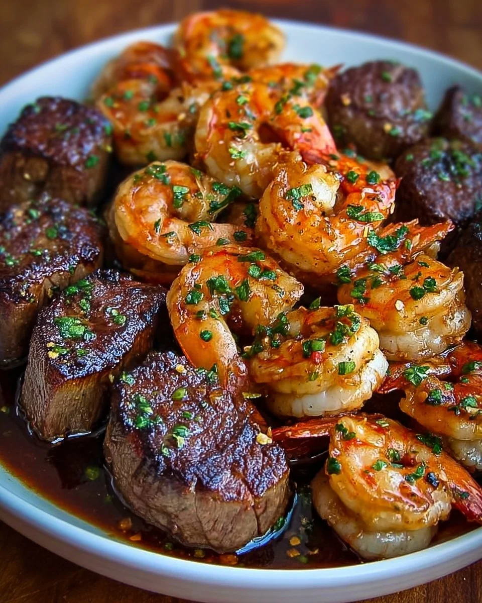 Savory steak bites and shrimp in garlic butter soy glaze on a plate