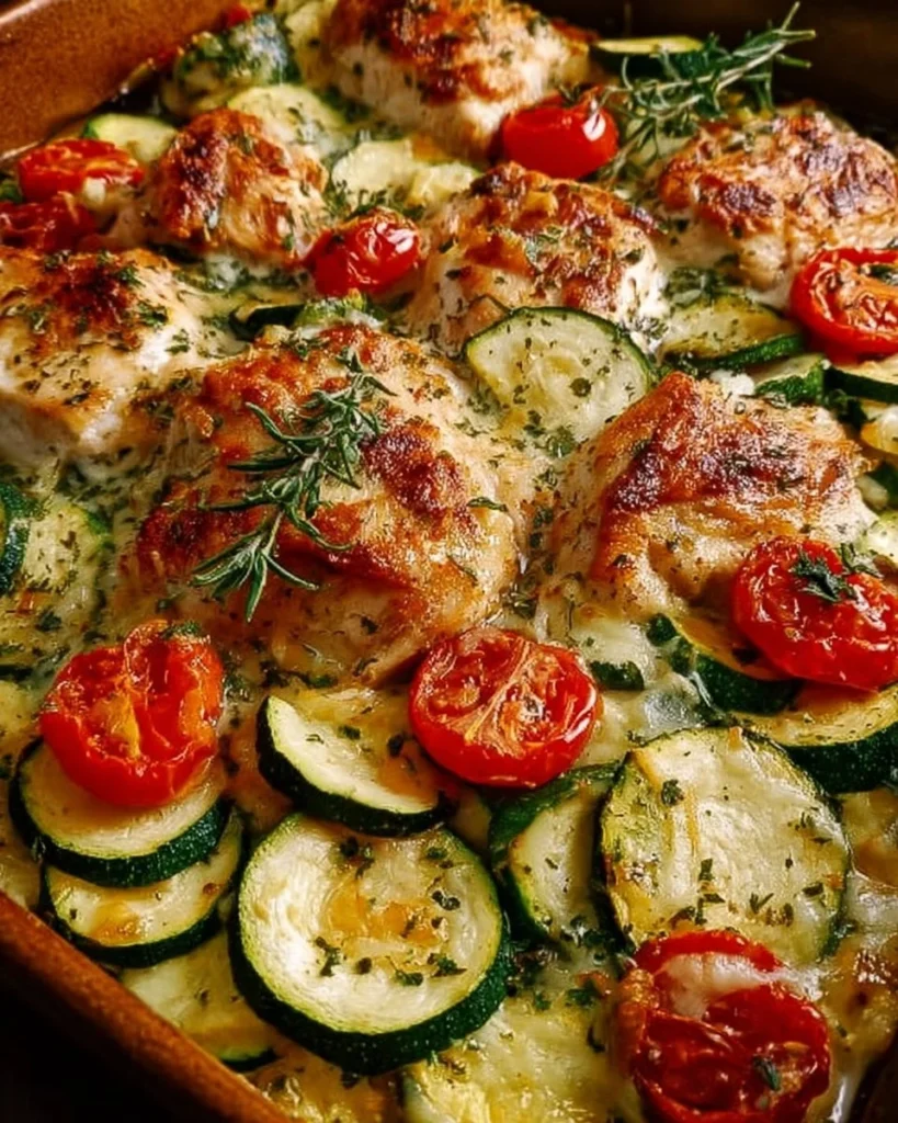 Sheet pan with Mediterranean chicken and zucchini ready to serve