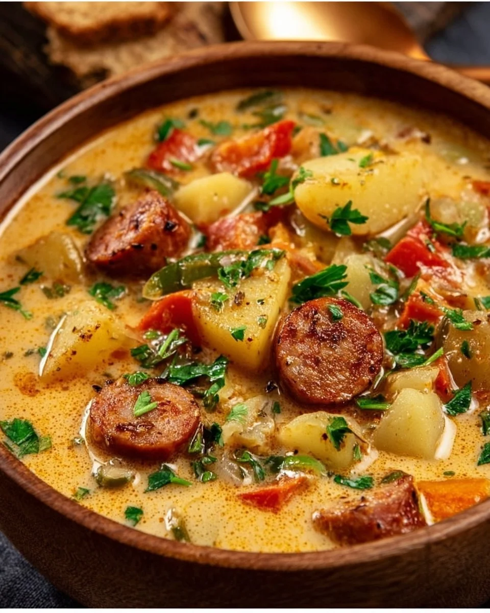 Bowl of slow cooker Cajun potato soup topped with andouille sausage and herbs