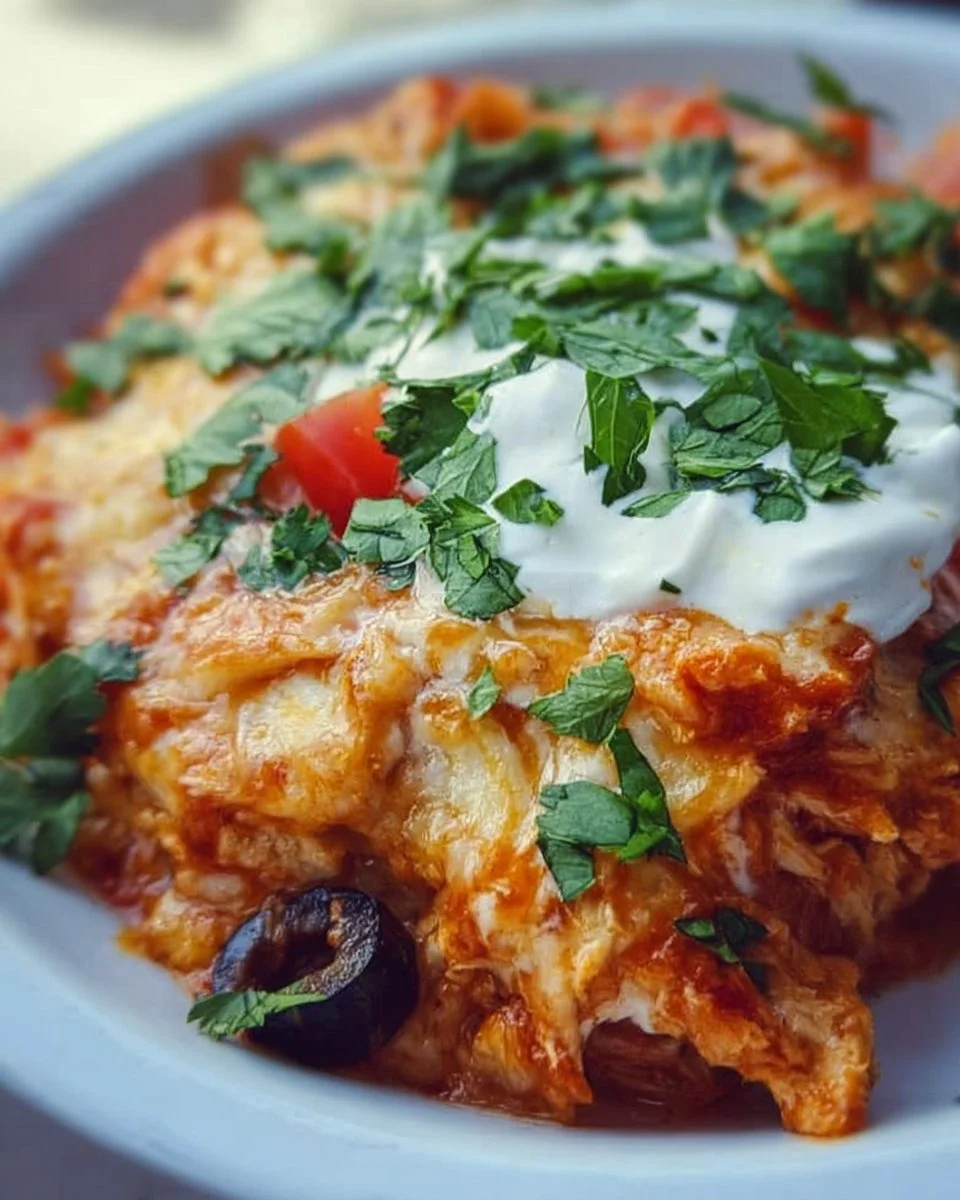 Slow Cooker Chicken Enchilada Casserole served in a dish
