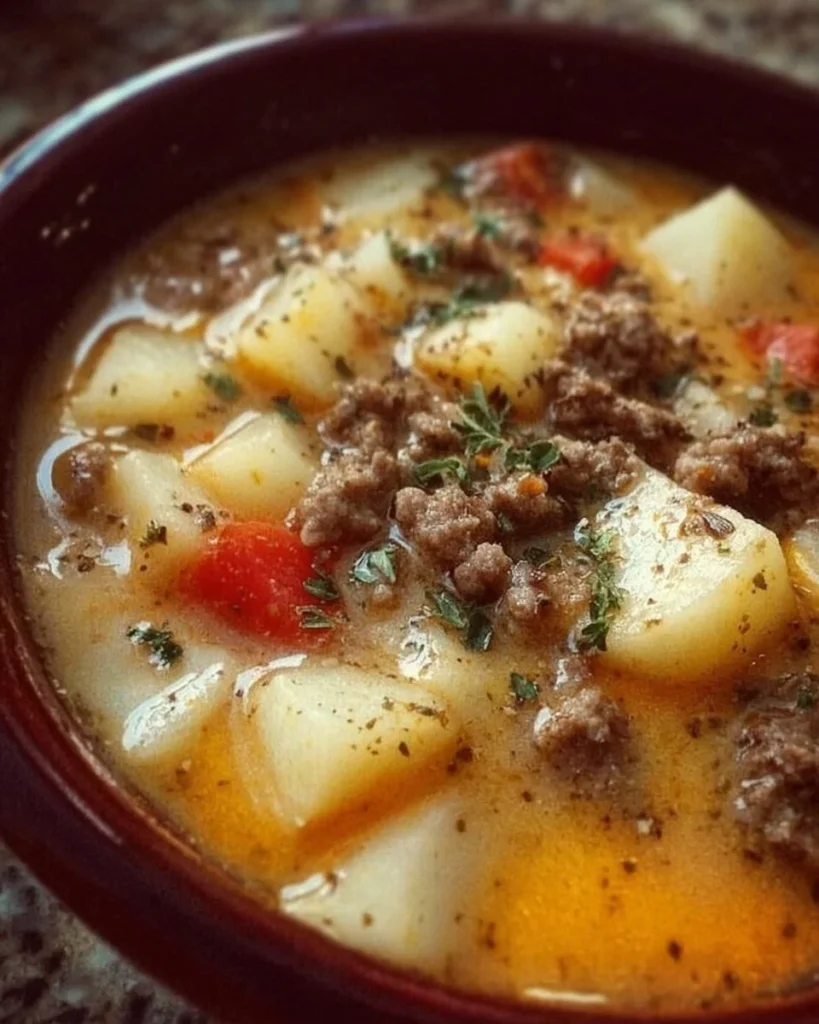 Bowl of slow cooker hamburger potato soup garnished with herbs