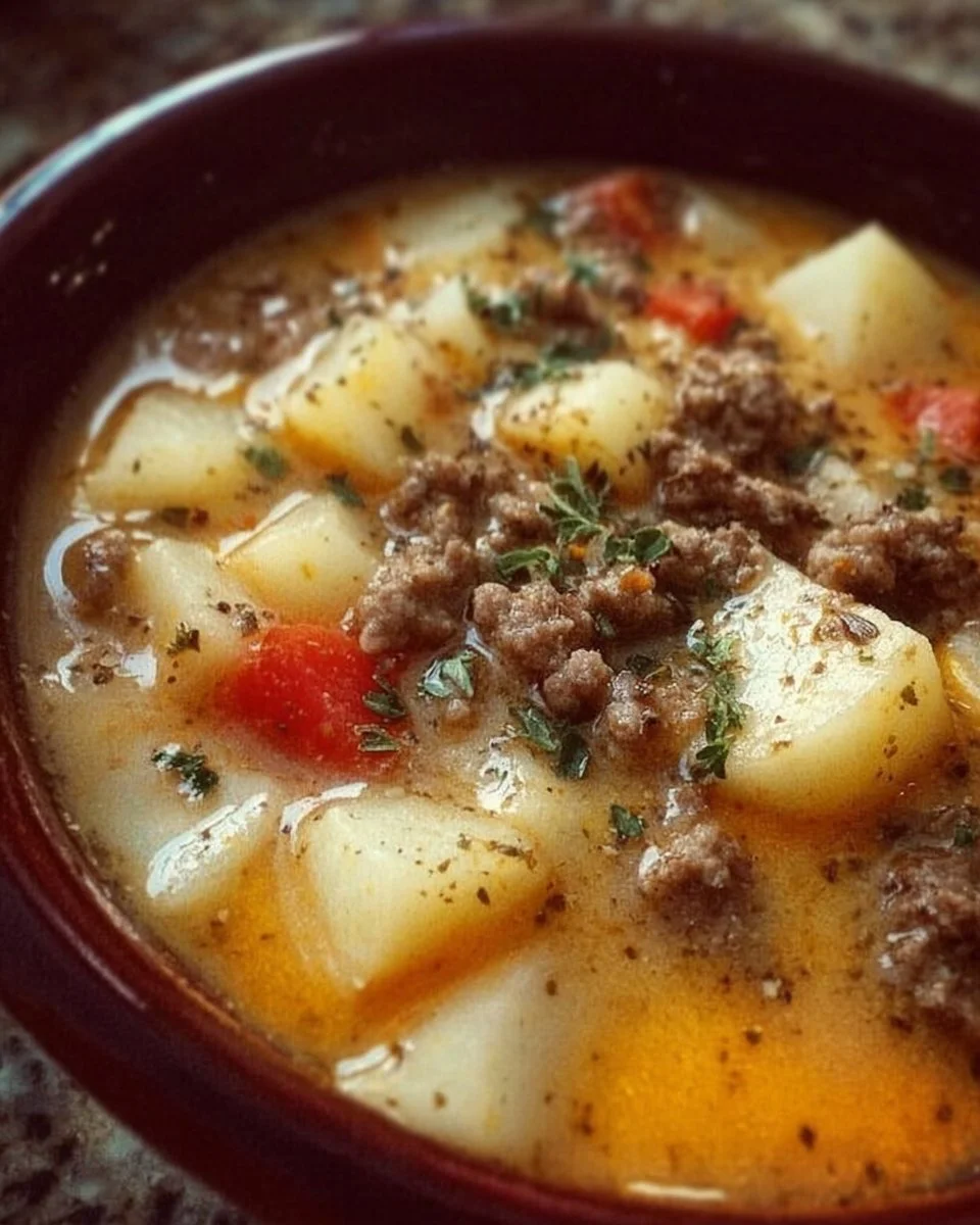 Bowl of slow cooker hamburger potato soup garnished with herbs
