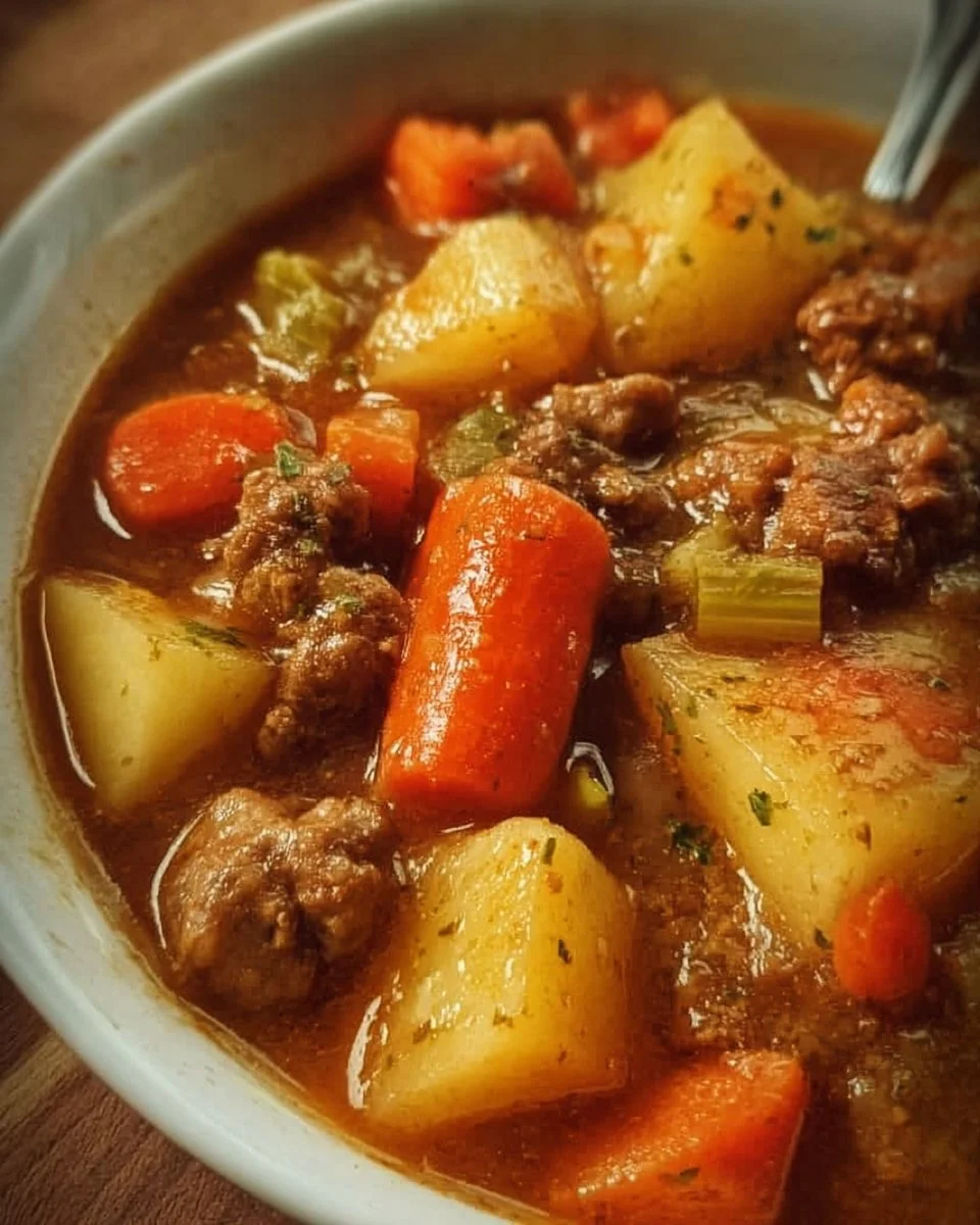Delicious bowl of Slow Cooker Poor Man's Stew with vegetables and meat.