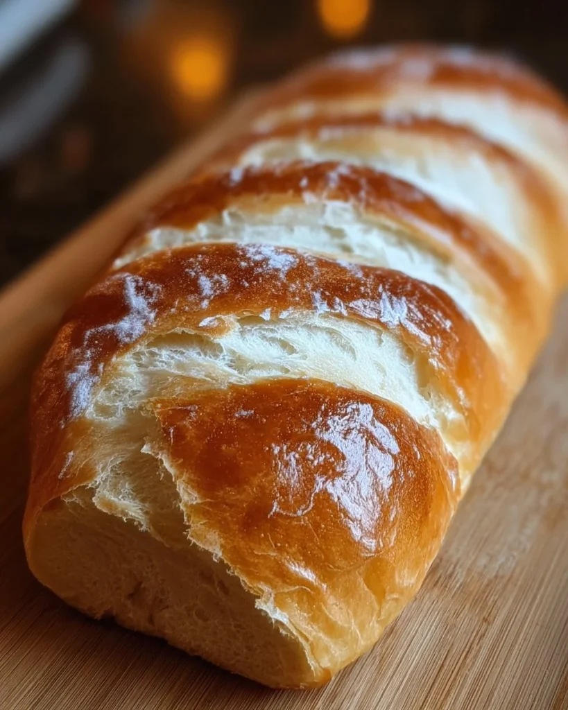 Freshly baked soft and fluffy French bread loaf on a wooden cutting board.