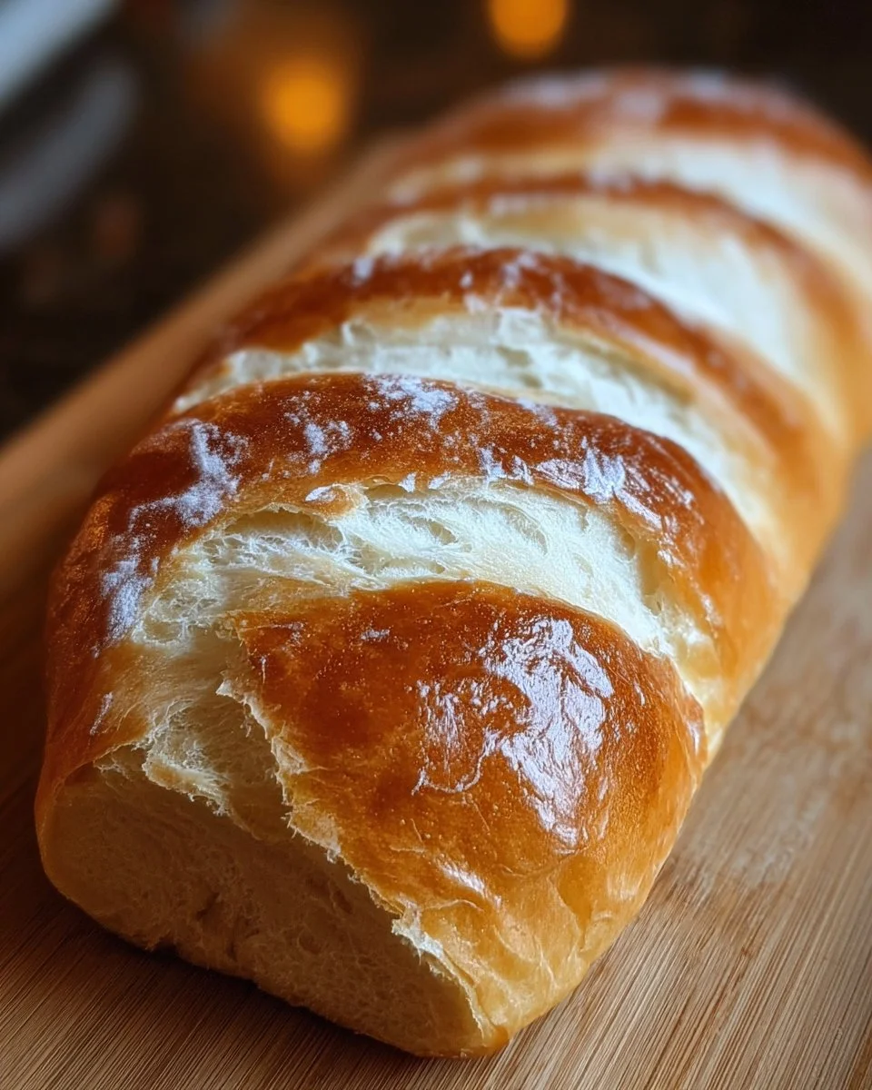 Freshly baked soft and fluffy French bread loaf on a wooden cutting board.