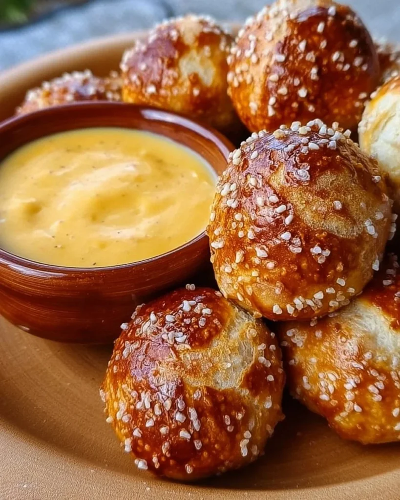 Delicious soft pretzel bites served with cheddar cheese dipping sauce