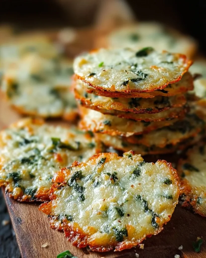 Savory spinach dip cheese crisps ready for serving