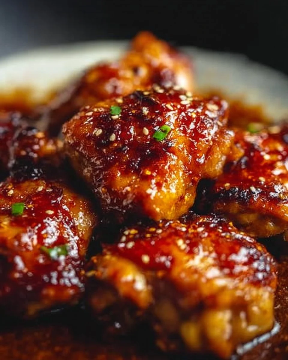 Delicious sticky sweet chili chicken thighs garnished with herbs