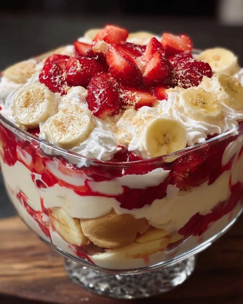 Delicious no-bake Strawberry Banana Pudding dessert topped with fresh strawberries and bananas