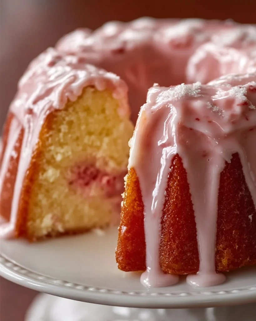A slice of strawberry buttermilk pound cake topped with fresh strawberries