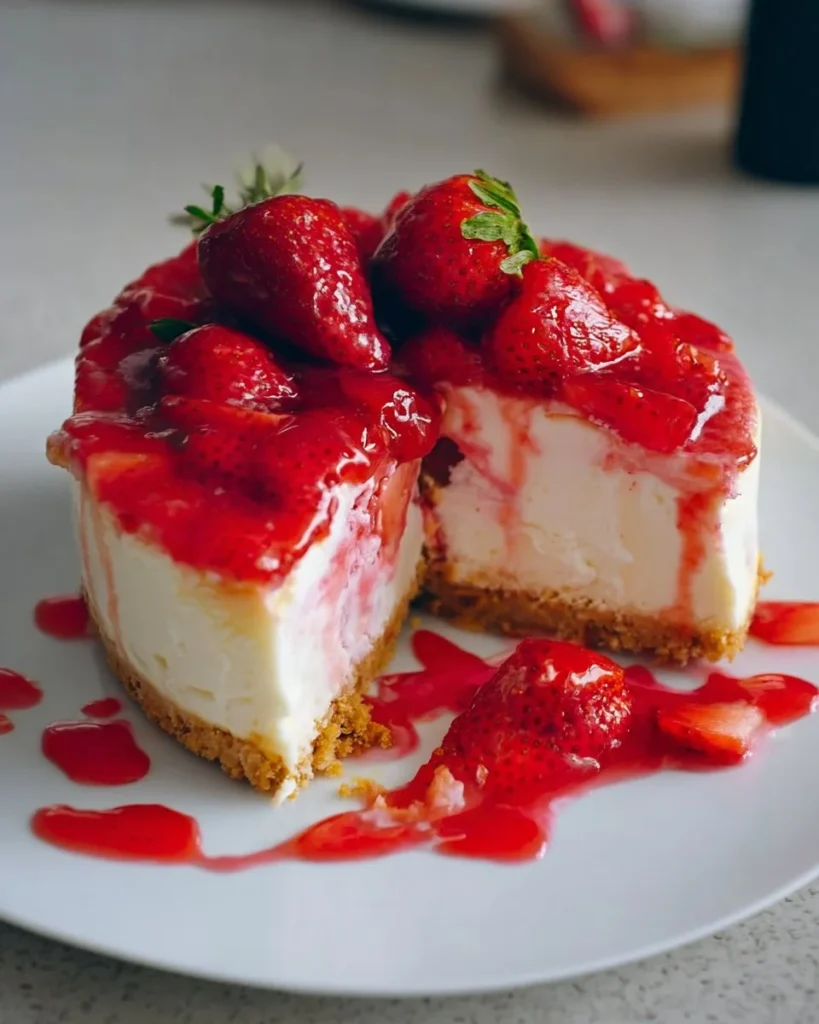 Delicious homemade strawberry cheesecake topped with fresh strawberries