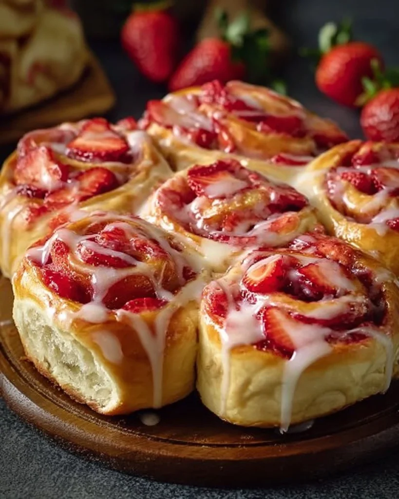 Delicious strawberry cheesecake sweet rolls drizzled with glaze