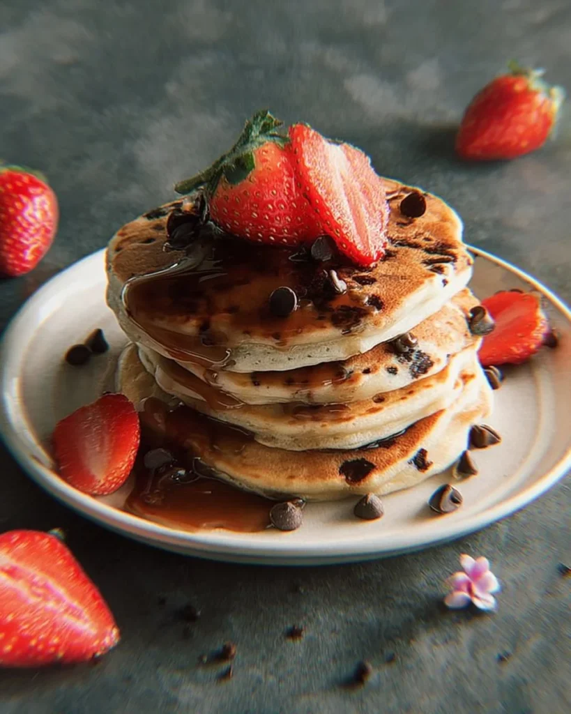 Strawberry chocolate chip pancakes topped with fresh strawberries and chocolate chips