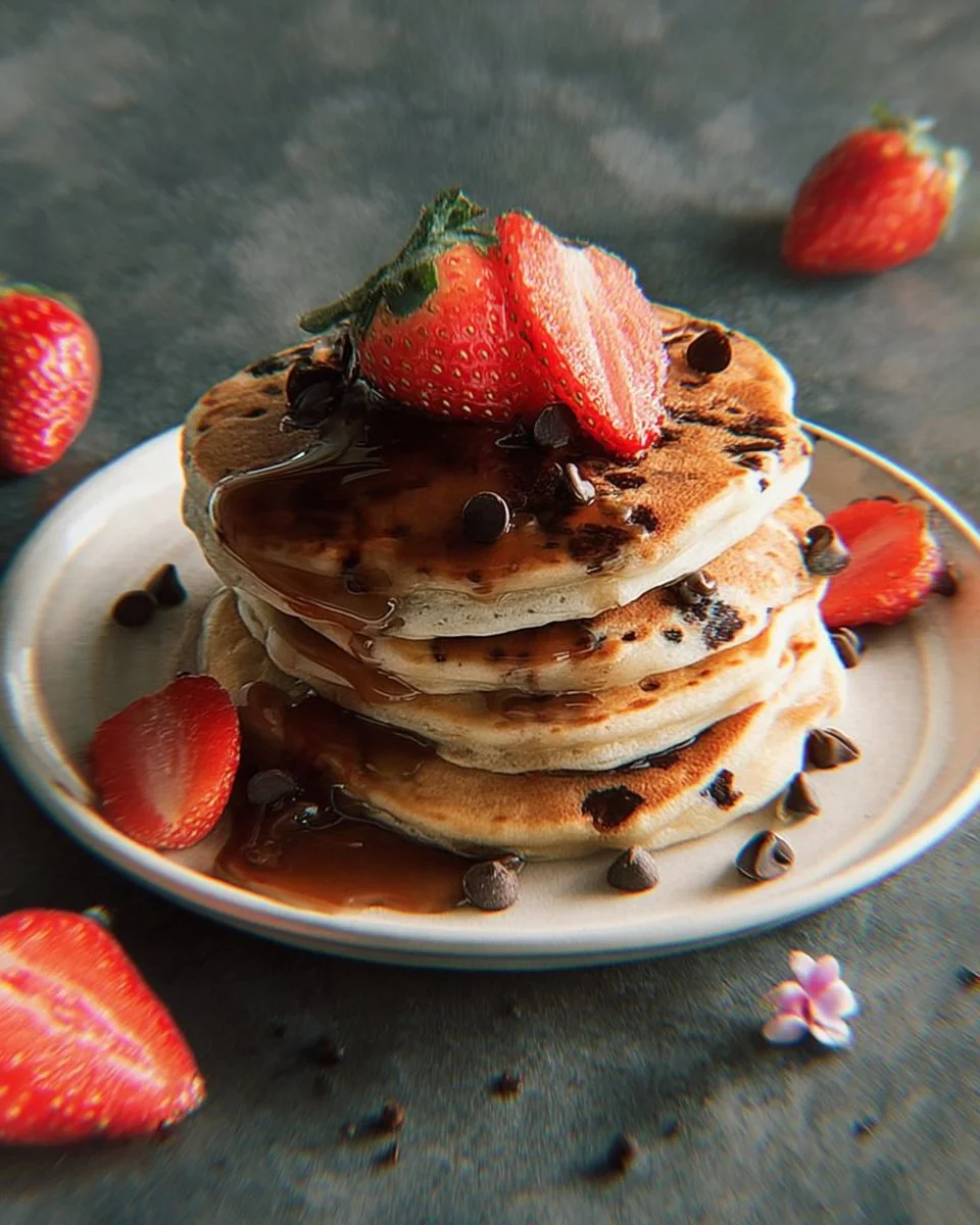 Strawberry chocolate chip pancakes topped with fresh strawberries and chocolate chips