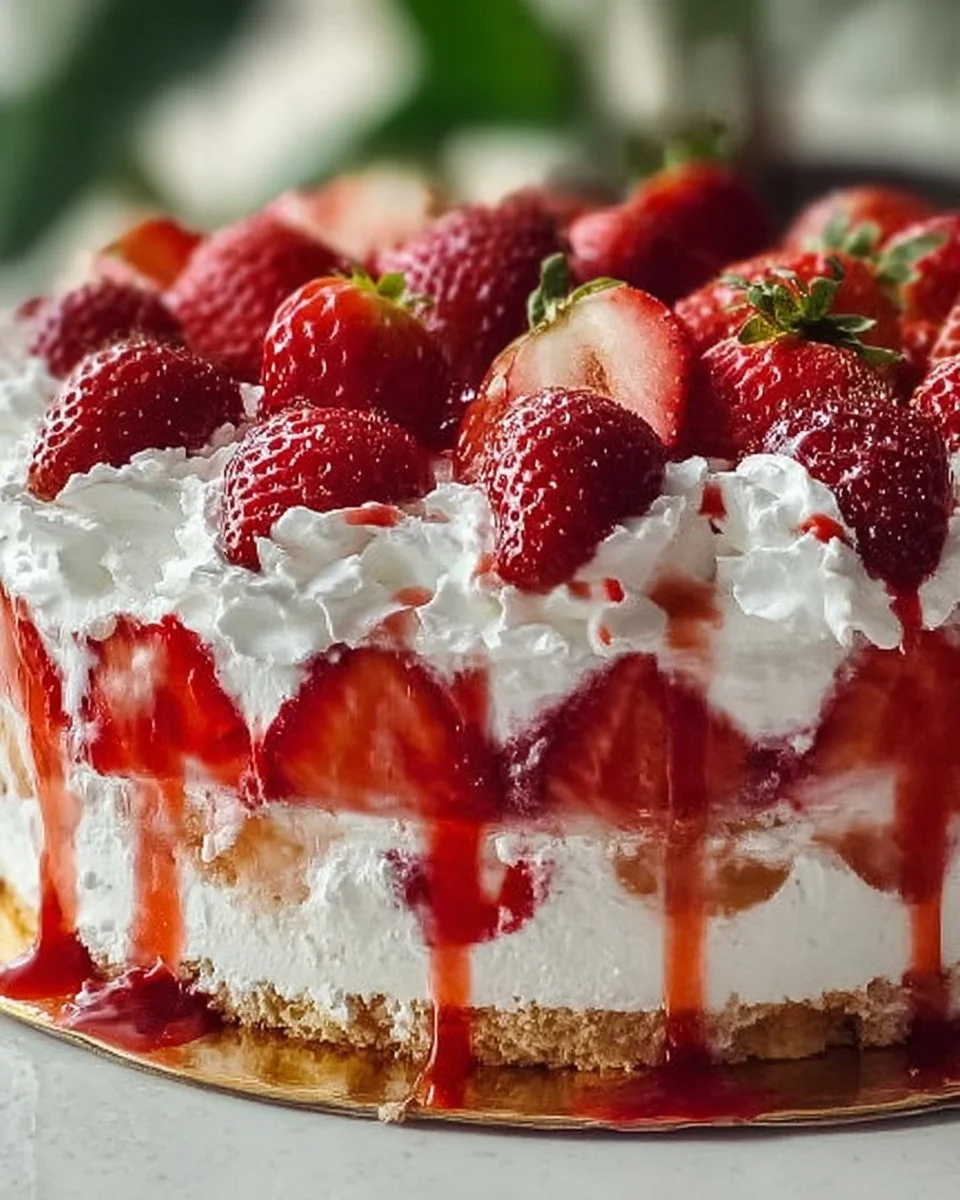 Slice of Strawberry Heaven on Earth Cake topped with fresh strawberries