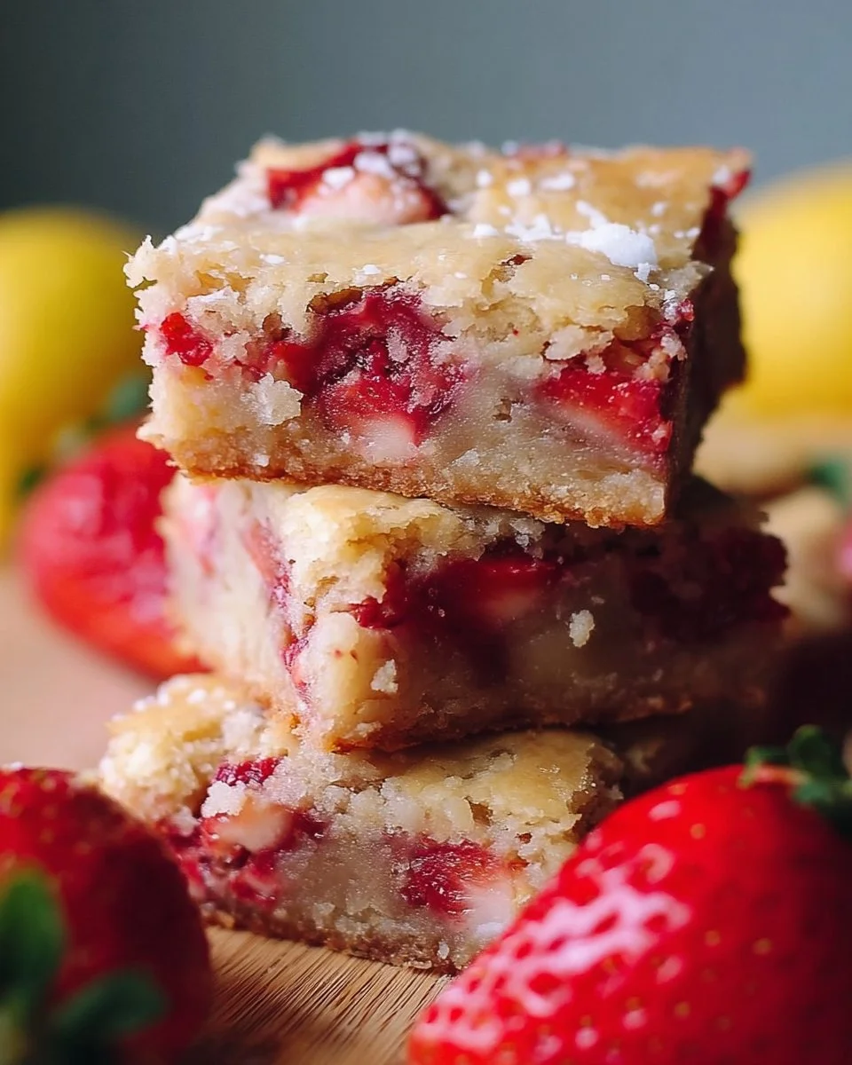 Delicious strawberry lemon blondies topped with fresh strawberries and lemon zest