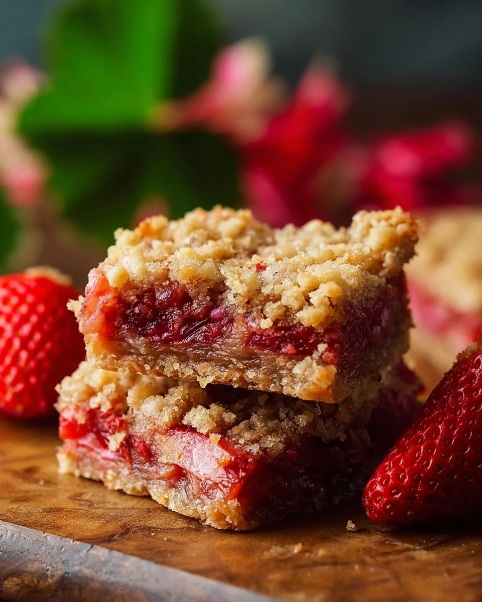 Homemade strawberry rhubarb bars on a plate with fresh strawberries and rhubarb
