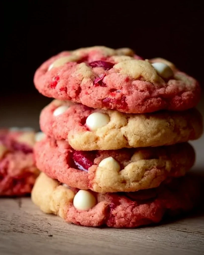 Freshly baked Strawberry White Chocolate Cookies with cake mix.