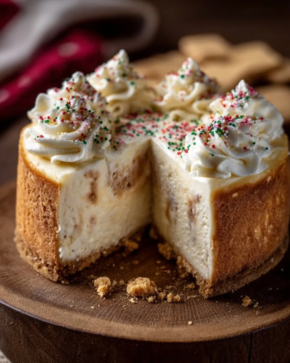 Delicious Sugar Cookie Cheesecake topped with cookie crumbles and whipped cream.