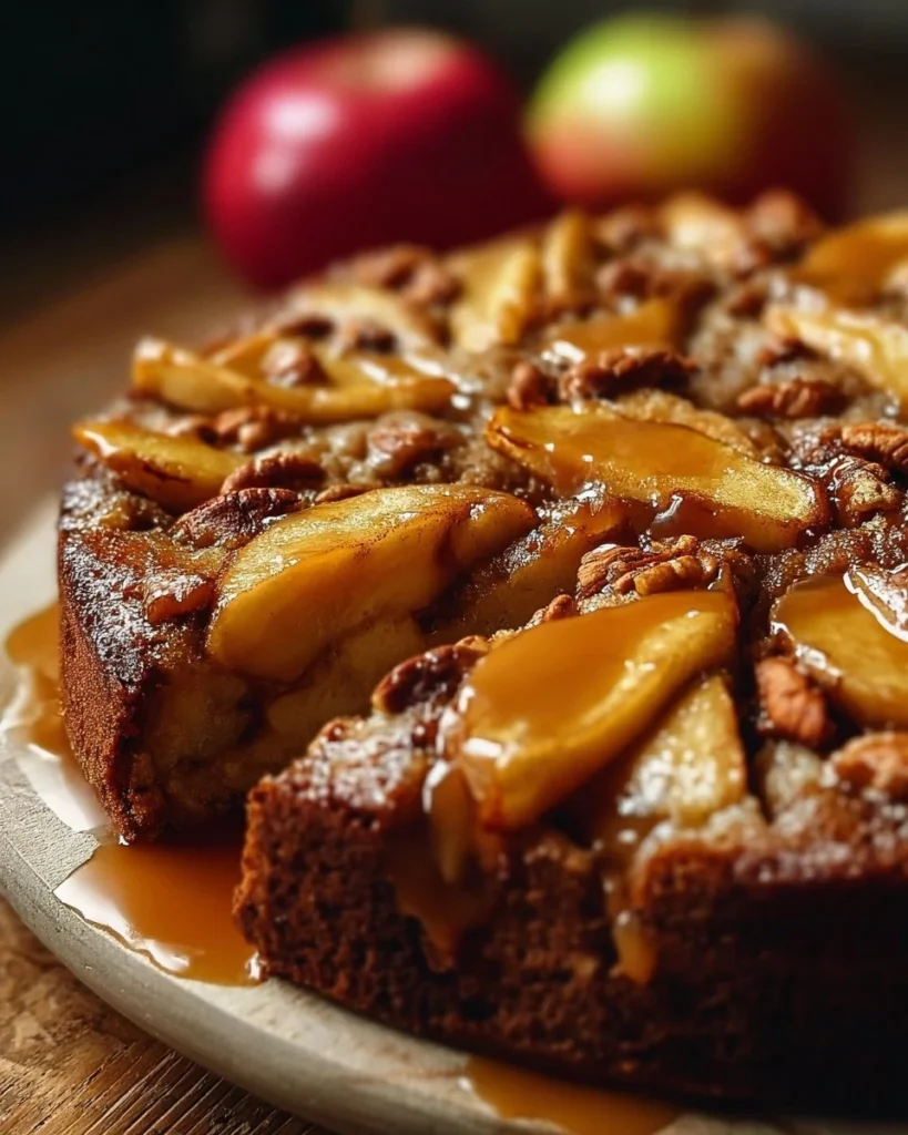 Delicious Swedish Apple Cake topped with caramel sauce and fresh apple slices.