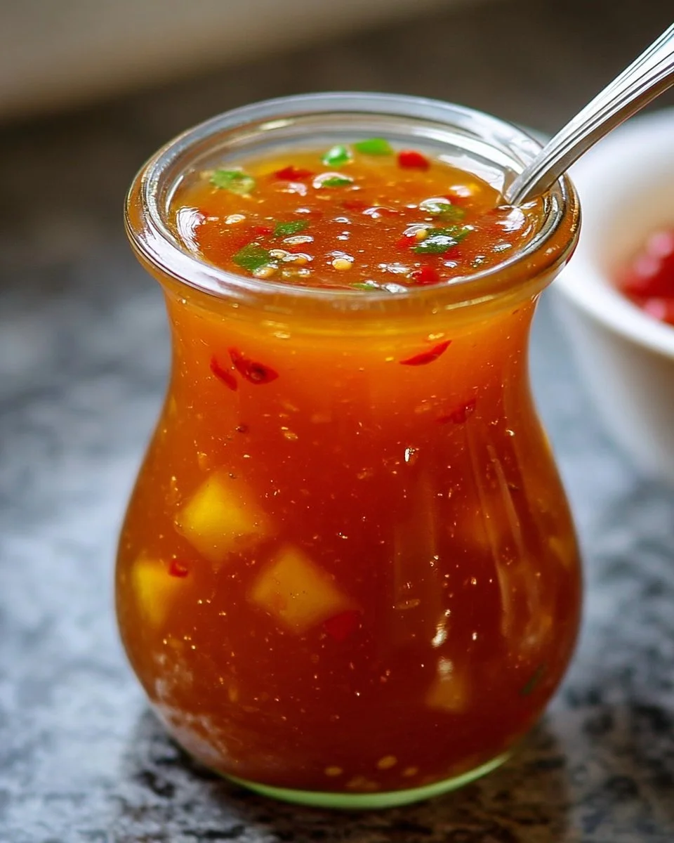 Delicious homemade chili pineapple sauce in a glass jar