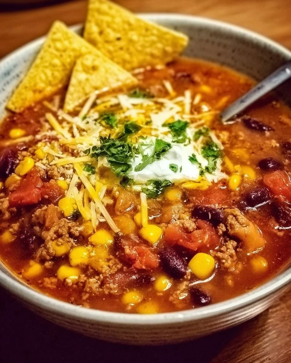 Delicious homemade Taco Soup with toppings served in a bowl