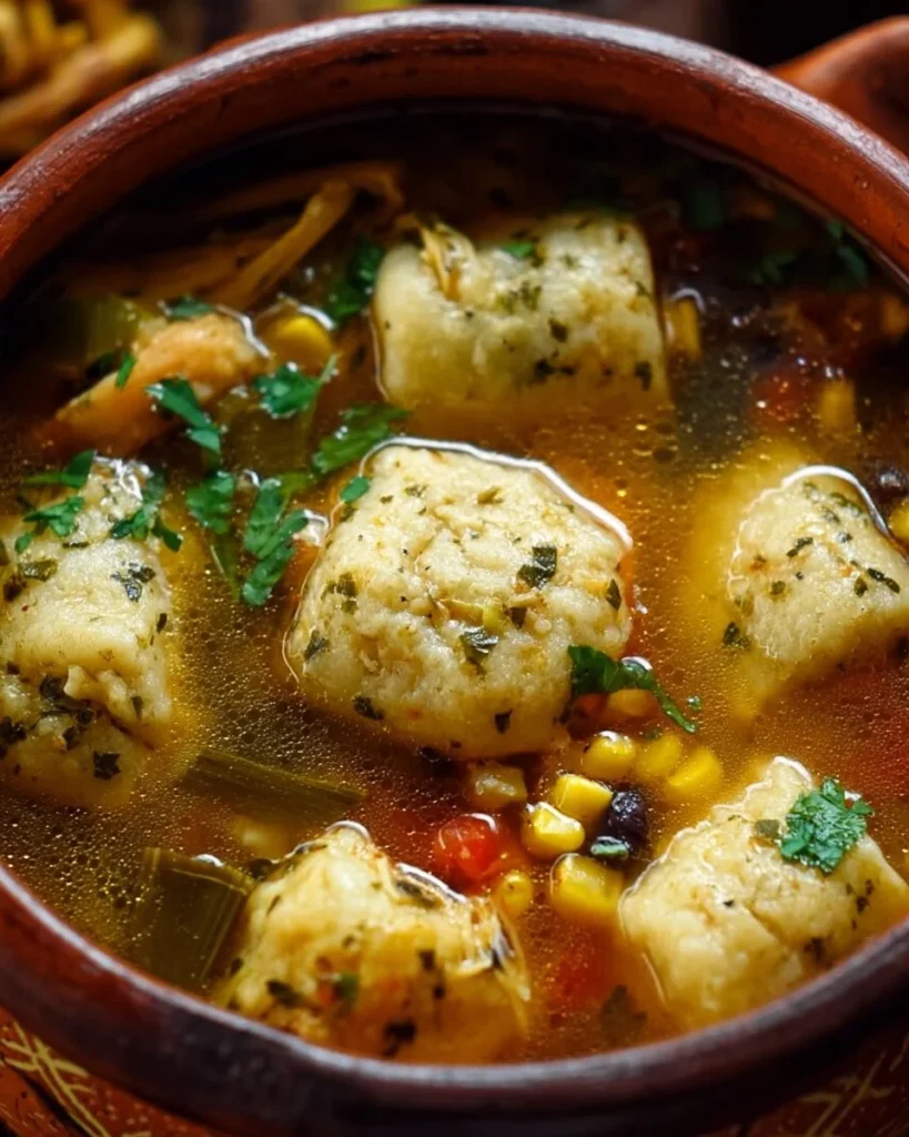 Bowl of delicious tamale soup topped with fluffy tamale dumplings