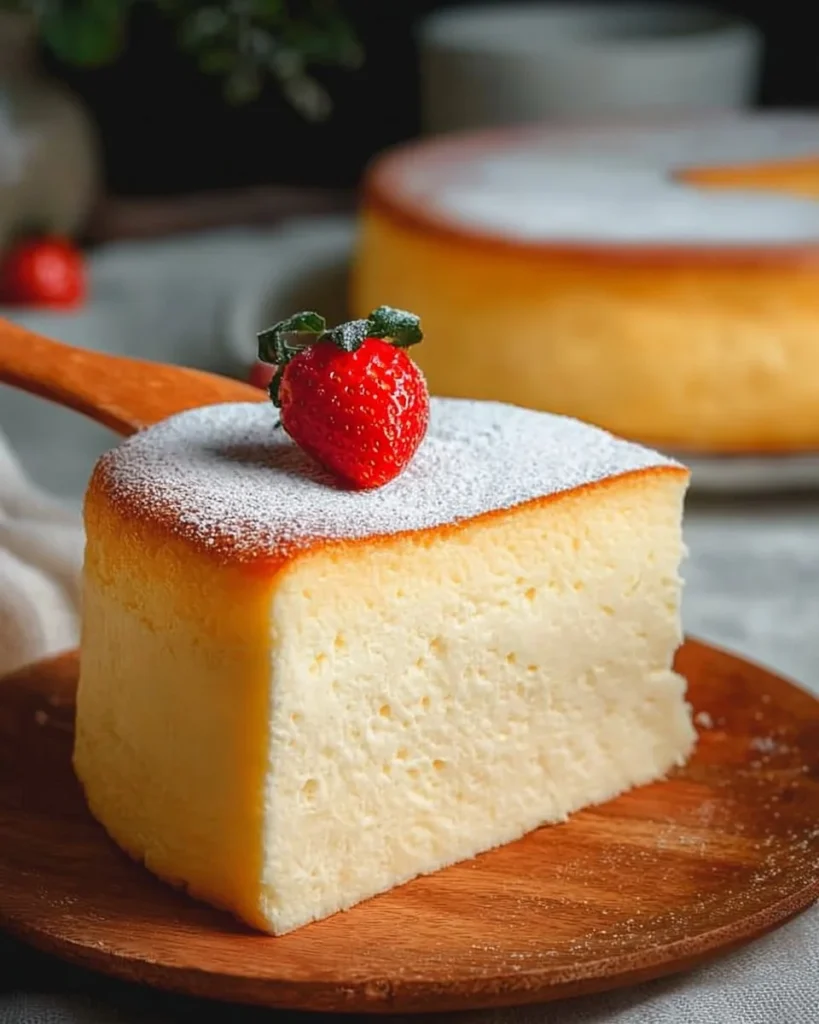 Fluffy Japanese cotton cheesecake served on a white plate with berries