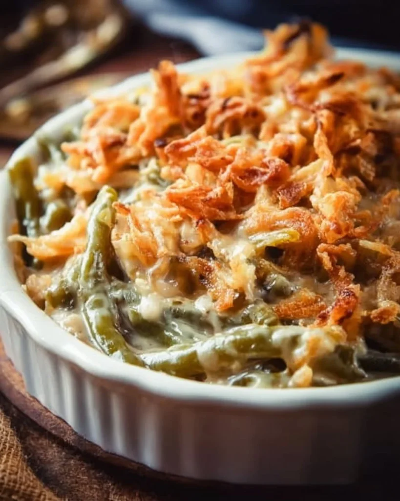 Delicious green bean casserole topped with crispy onions