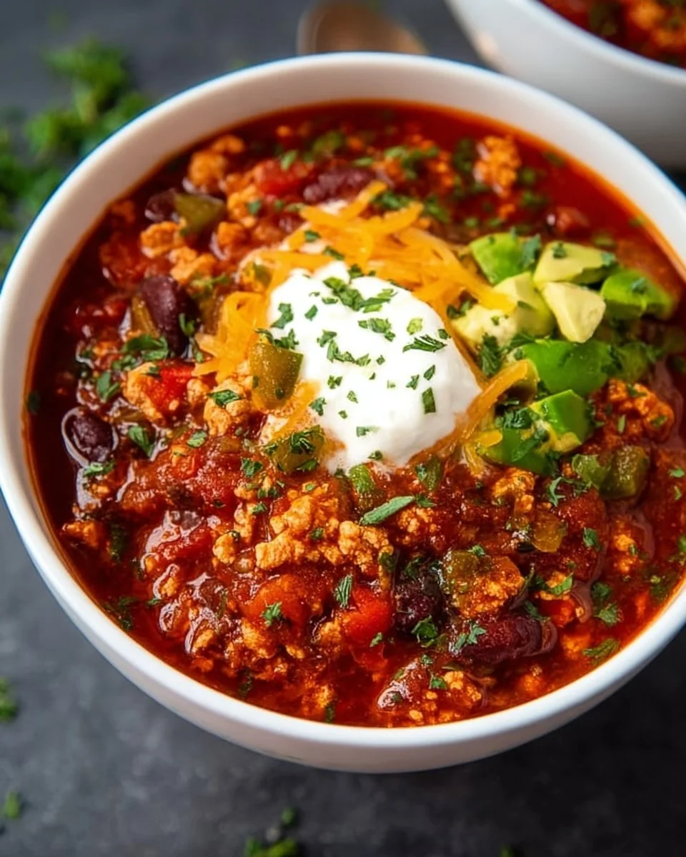 Bowl of healthy turkey chili topped with fresh herbs and avocado.