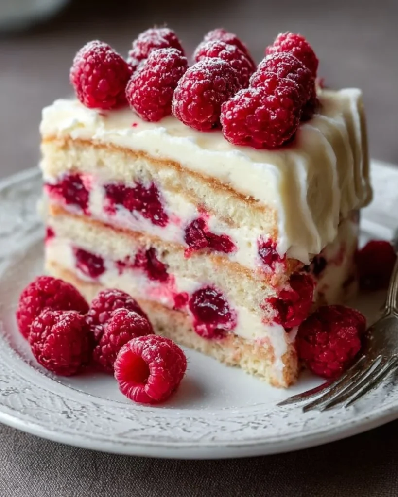 Delicious white chocolate raspberry cake topped with berries and white chocolate shavings