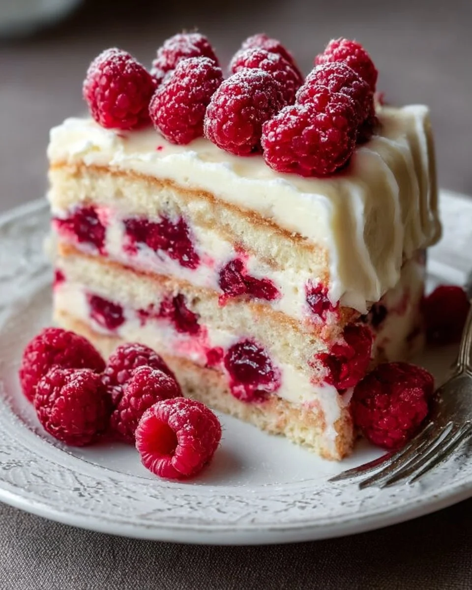 Delicious white chocolate raspberry cake topped with berries and white chocolate shavings