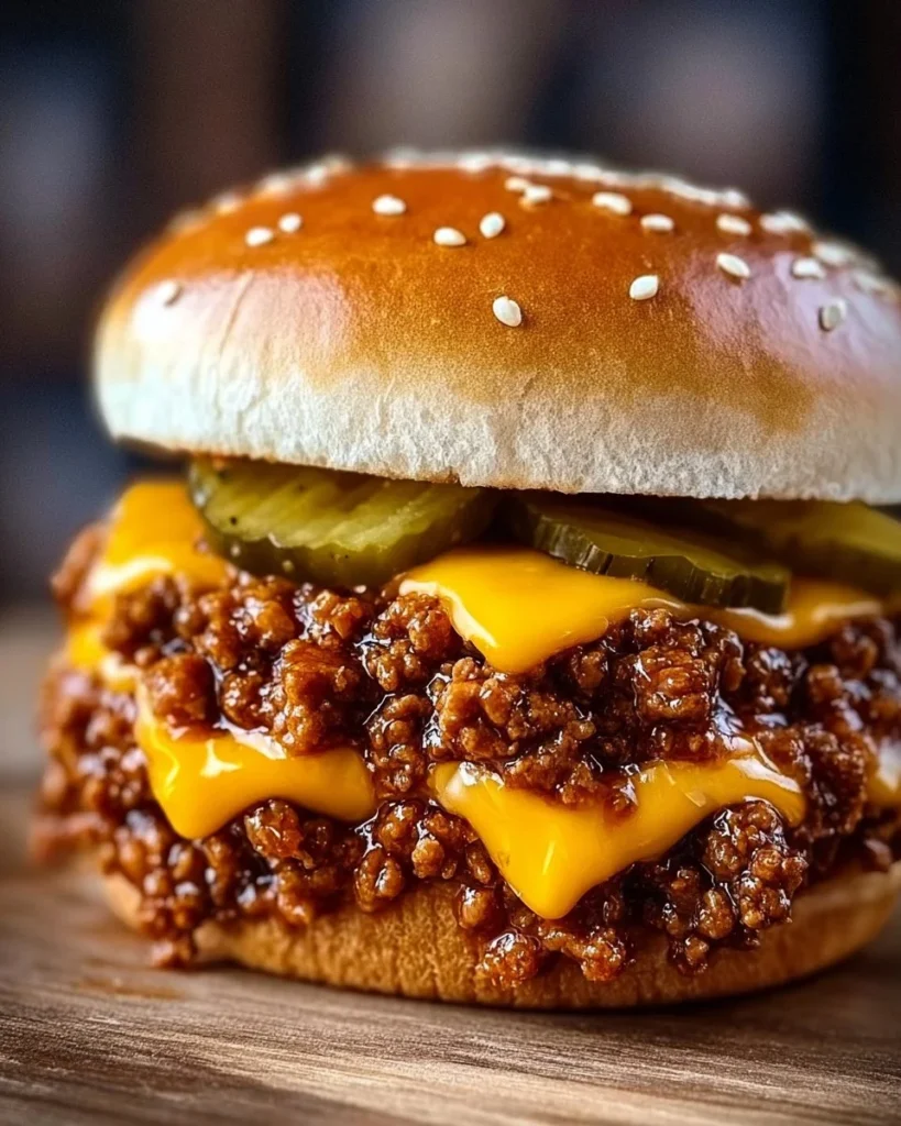 Ultimate homemade sloppy joe with cheese and pickles on a plate