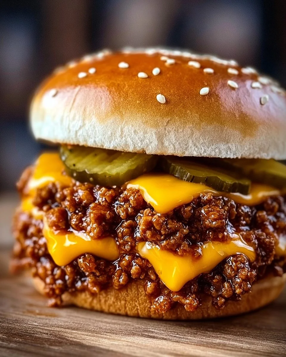 Ultimate homemade sloppy joe with cheese and pickles on a plate