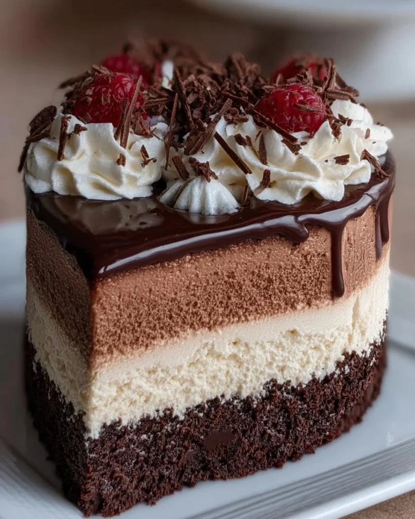 Delicious Tuxedo Cake with layers of triple chocolate mousse