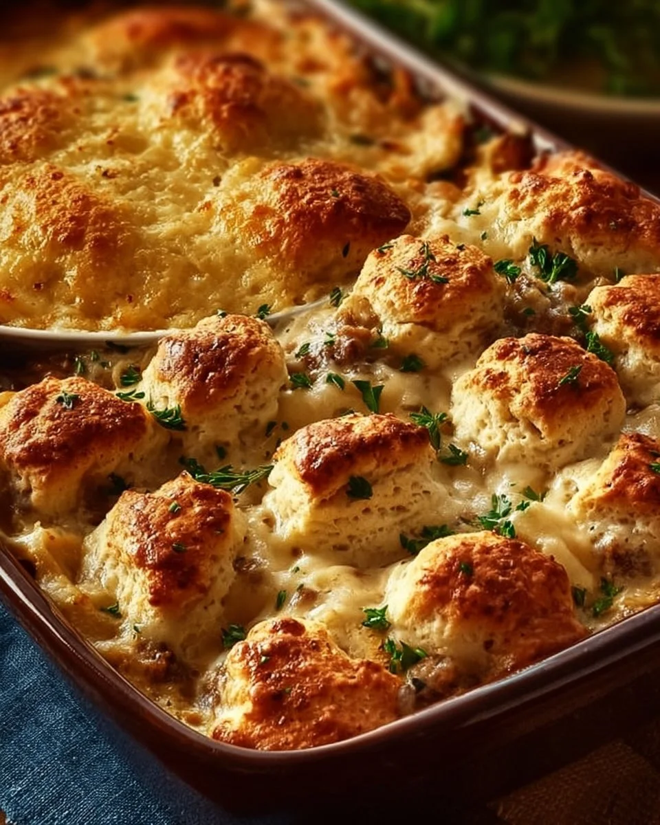 Delicious ultimate breakfast casserole with biscuits and gravy served on a plate